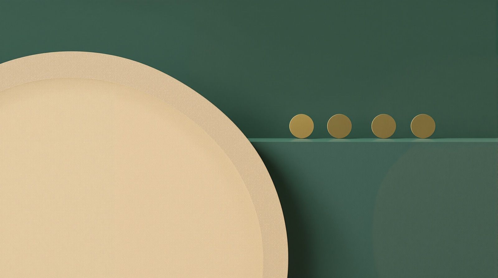 Eight gold discs in an ascending row on a dusty teal ledge, the last one sealed inside a thin sand colored ring