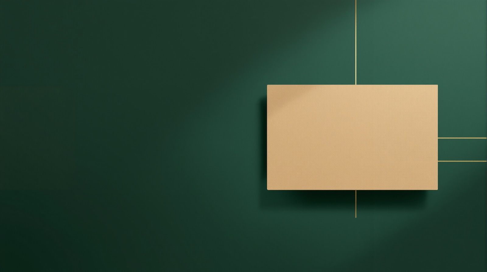 Dos contenedores geométricos color arena conectados por una tarjeta rectangular en tránsito, sobre fondo verde oscuro