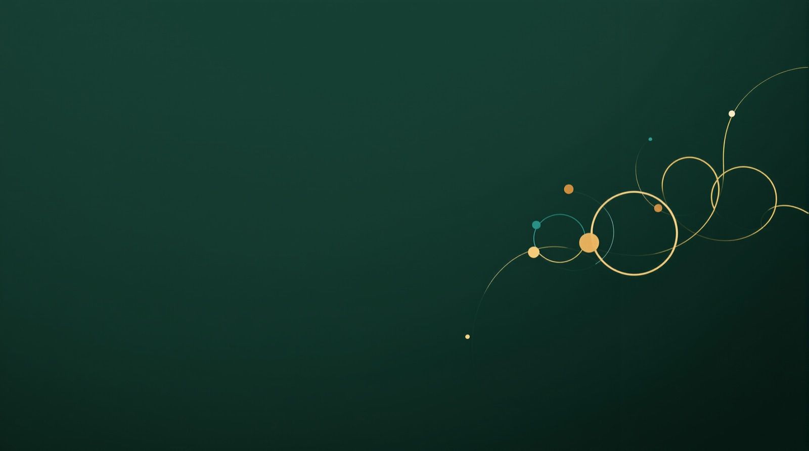Golden geometric rings connected by a flowing line on a dark green background, with empty space on the left